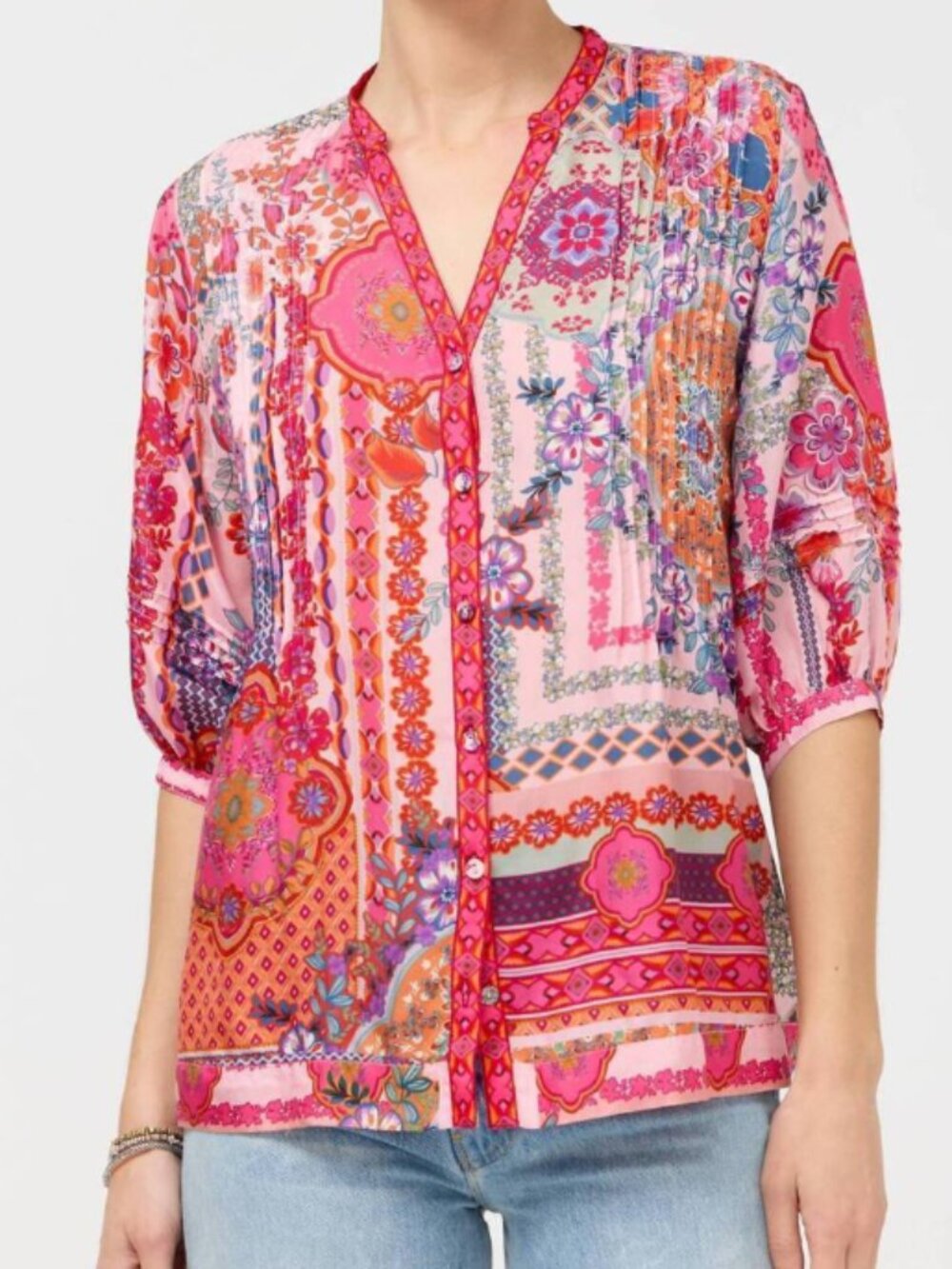 NEW W Tag sz L JOHNNY WAS Silk Vacanza blouse Tami Scarf Print
